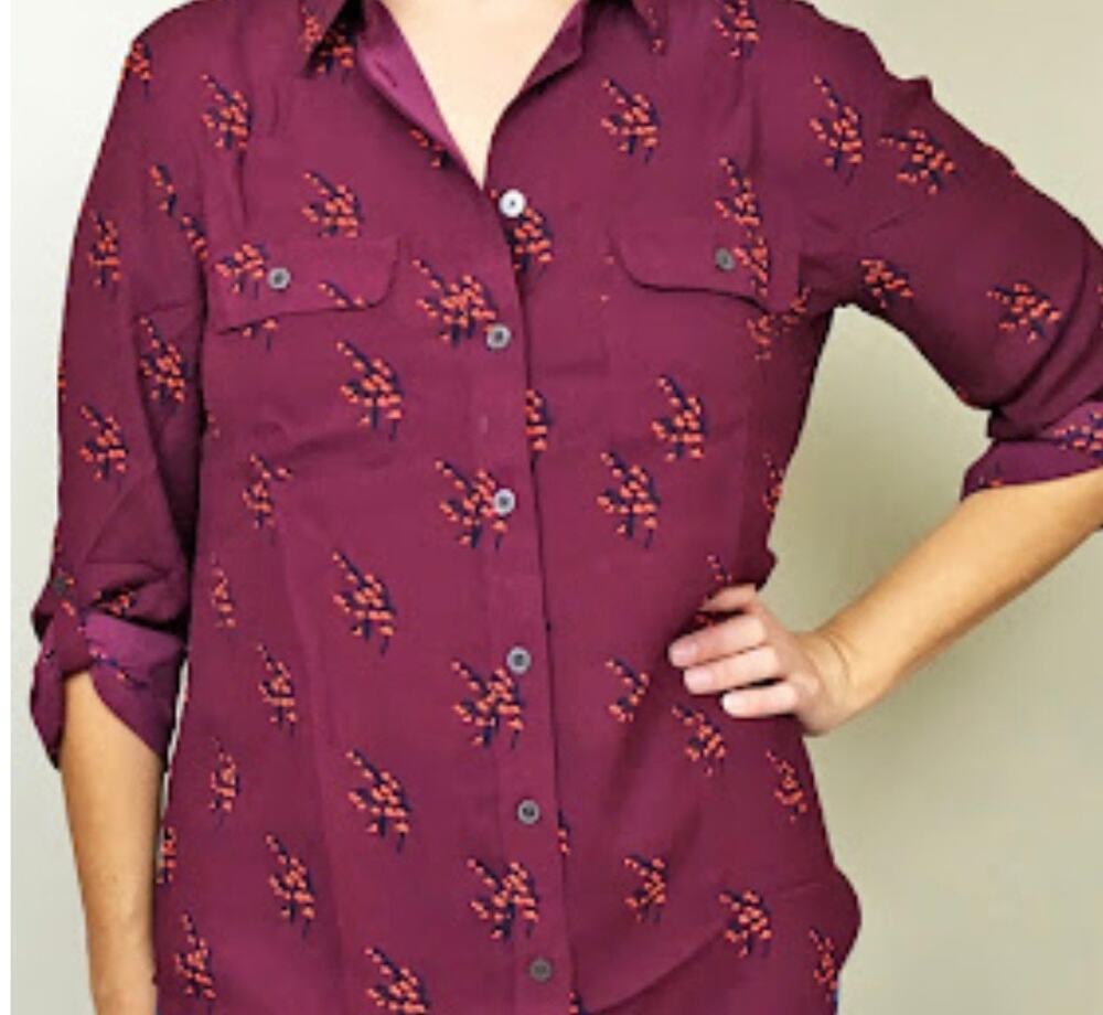 LOFT Blouse Button Front Burgundy Floral Sz Large Roll Tab Sleeves Shirt Office